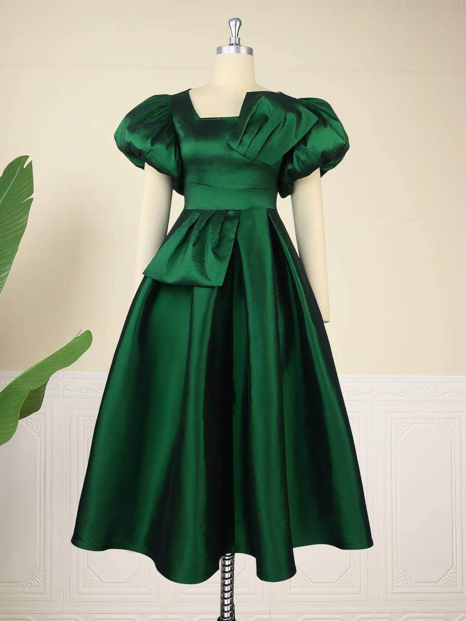 Satin Puff Sleeves Pleated A-line Ball Dress