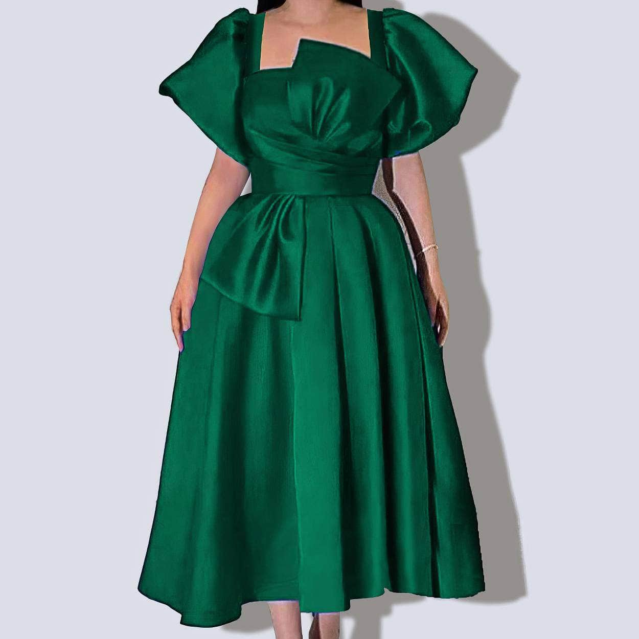 Satin Puff Sleeves Pleated A-line Ball Dress