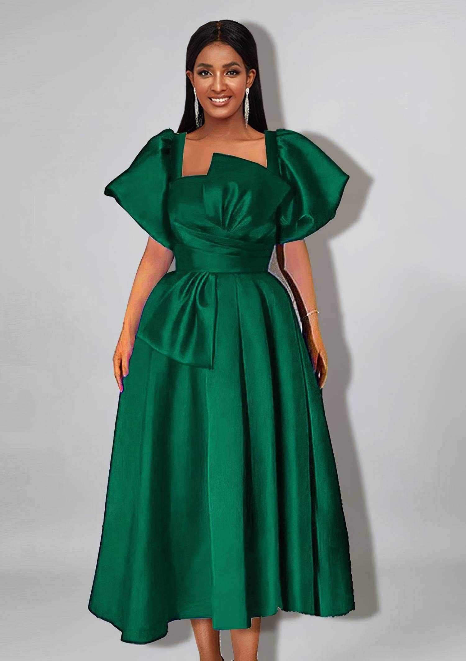 Satin Puff Sleeves Pleated A-line Ball Dress