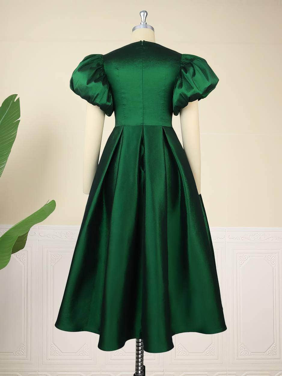 Satin Puff Sleeves Pleated A-line Ball Dress