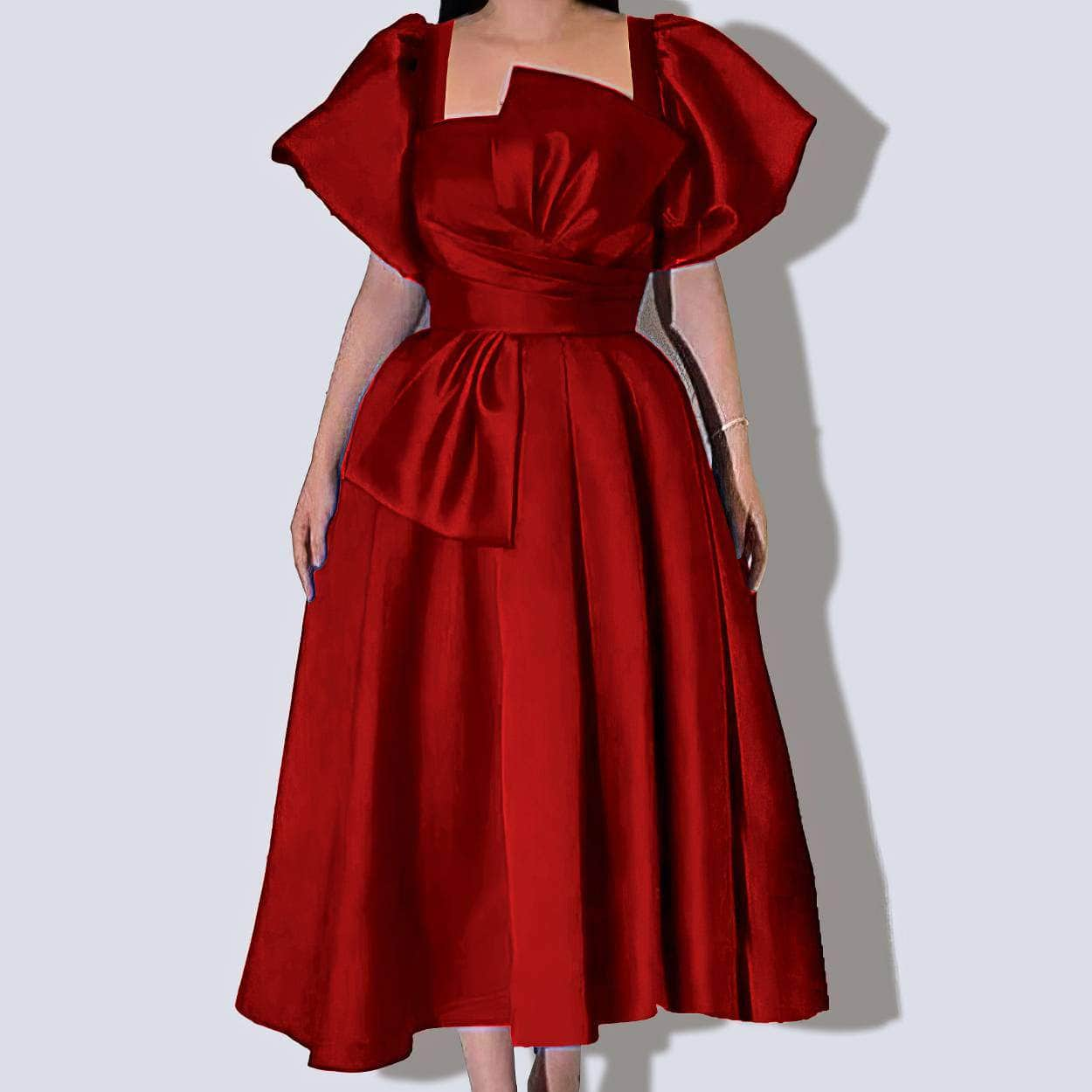 Satin Puff Sleeves Pleated A-line Ball Dress