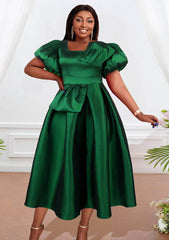 Satin Puff Sleeves Pleated A-line Ball Dress US 4-6 / Green