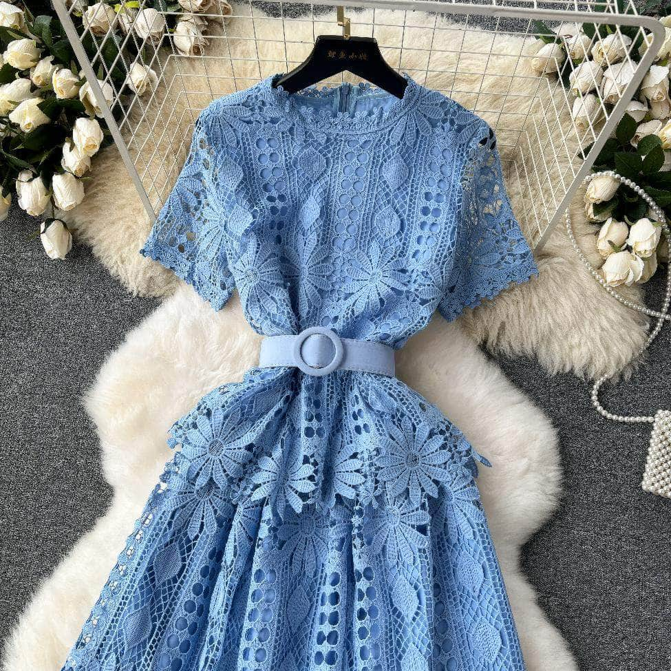 Scalloped Lace 3d Floral Belted Midi Dress