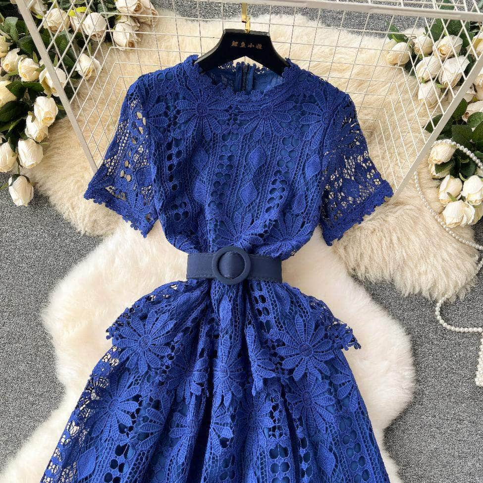 Scalloped Lace 3d Floral Belted Midi Dress