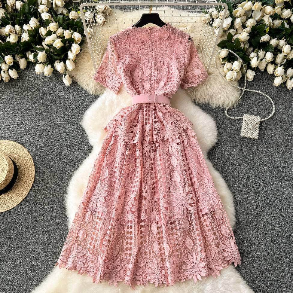 Scalloped Lace 3d Floral Belted Midi Dress