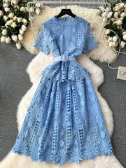 Scalloped Lace 3d Floral Belted Midi Dress S / Blue / With Belt