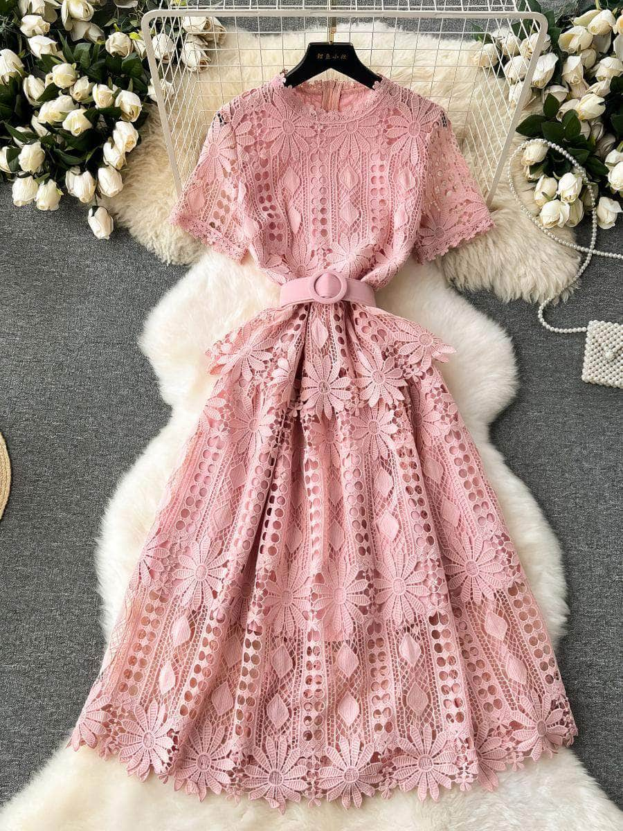 Scalloped Lace 3d Floral Belted Midi Dress S / Pink / With Belt