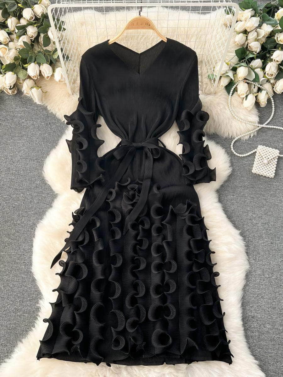 Scalloped Ruffled Bow Sah Midi Dress MAX SIZE / Black