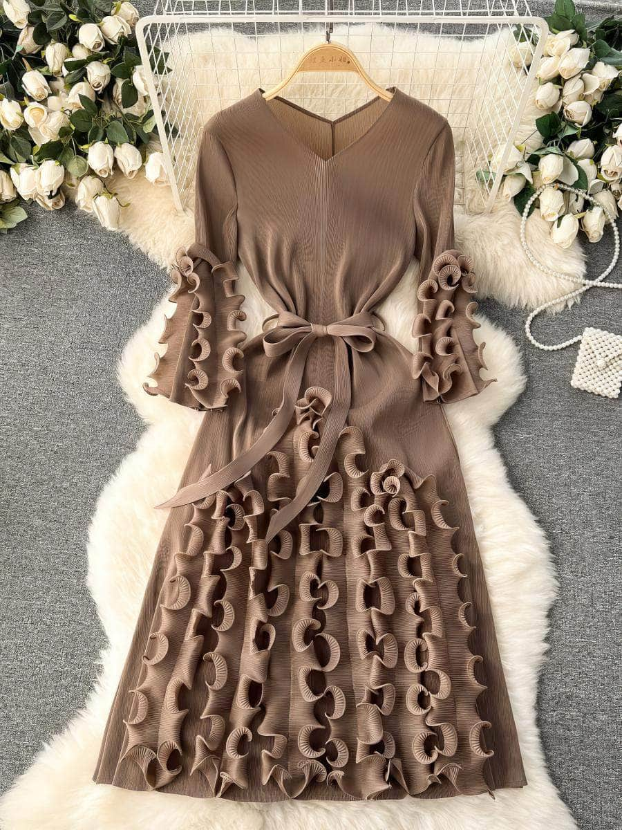 Scalloped Ruffled Bow Sah Midi Dress MAX SIZE / Brown