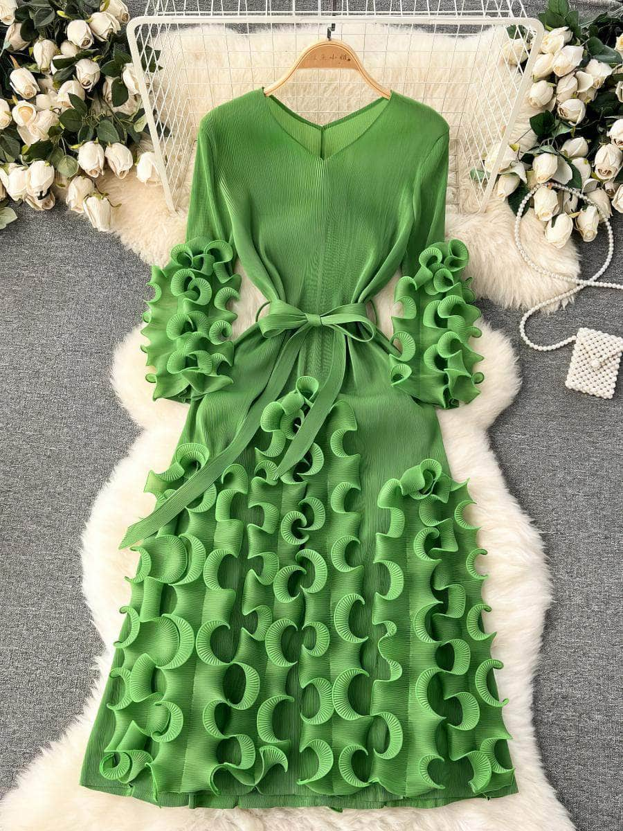 Scalloped Ruffled Bow Sah Midi Dress MAX SIZE / Green