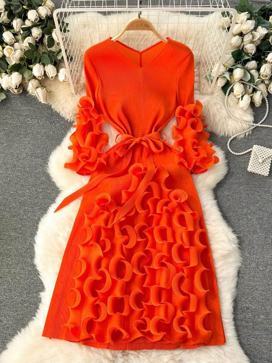 Scalloped Ruffled Bow Sah Midi Dress MAX SIZE / OrangeRed