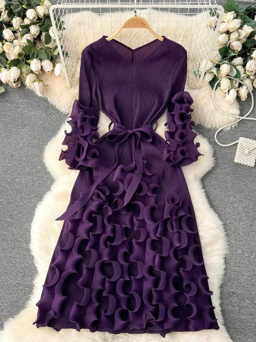 Scalloped Ruffled Bow Sah Midi Dress MAX SIZE / Purple