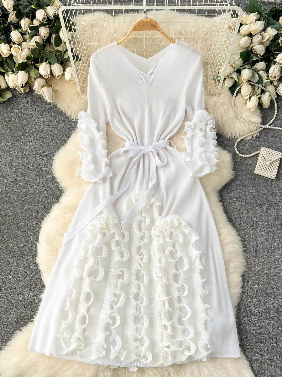 Scalloped Ruffled Bow Sah Midi Dress MAX SIZE / White