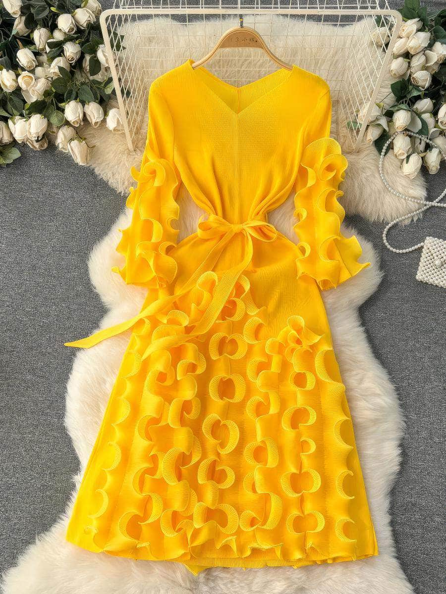 Scalloped Ruffled Bow Sah Midi Dress MAX SIZE / Yellow