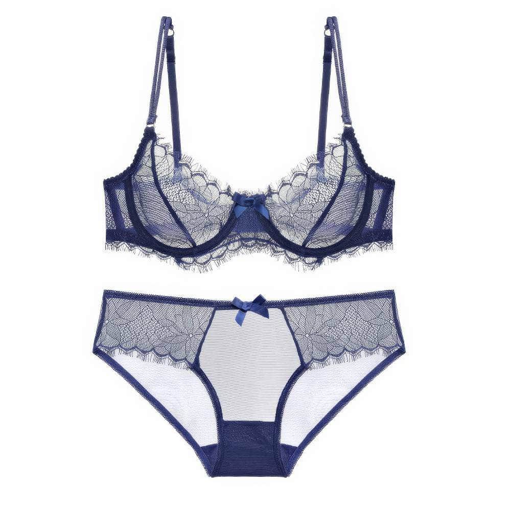 Scalloped Trimmed Floral Mesh Double Strap Panty Set 70A / Navy