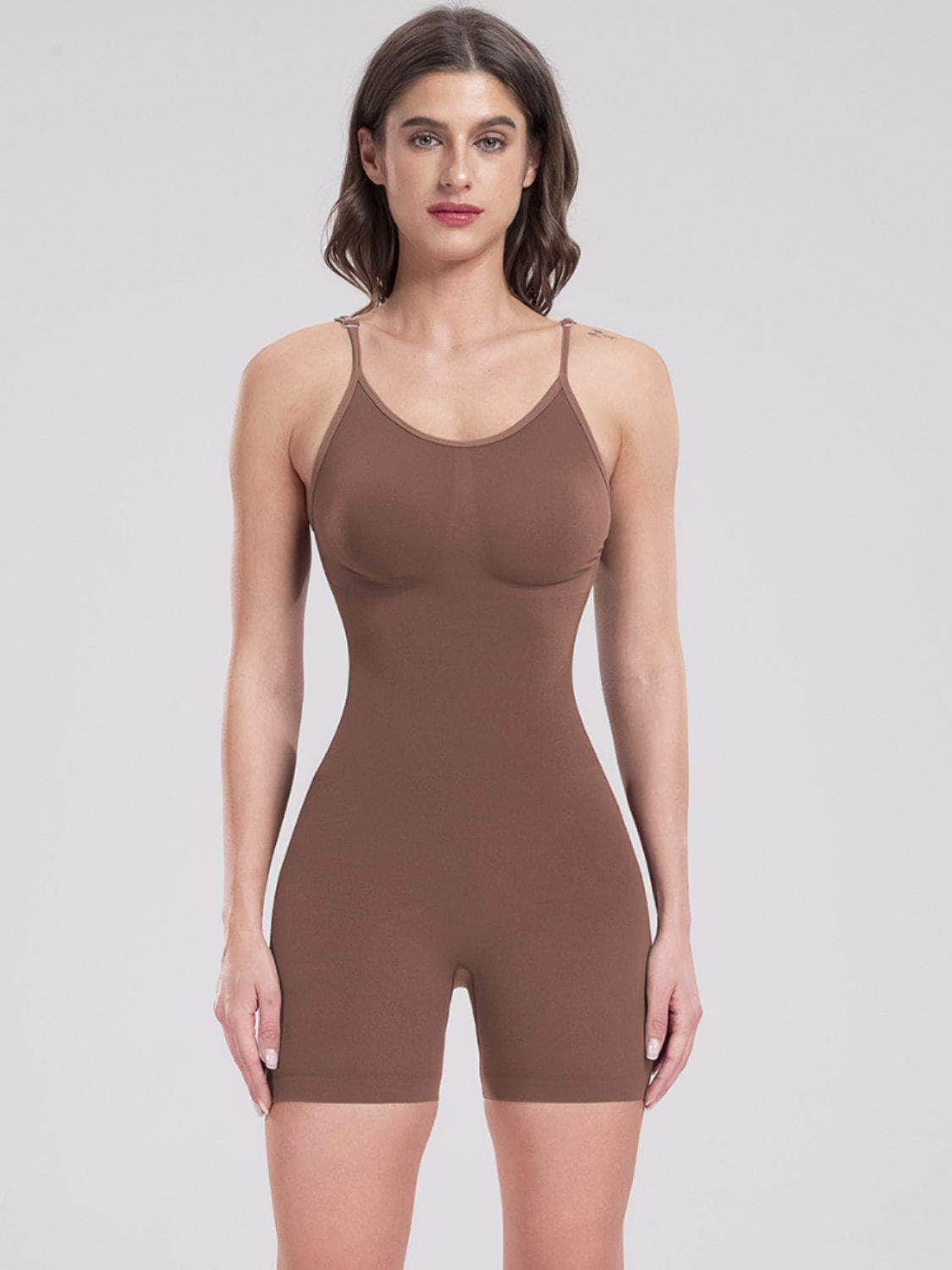 Scoop Neck Spaghetti Strap Active Romper Brown / S