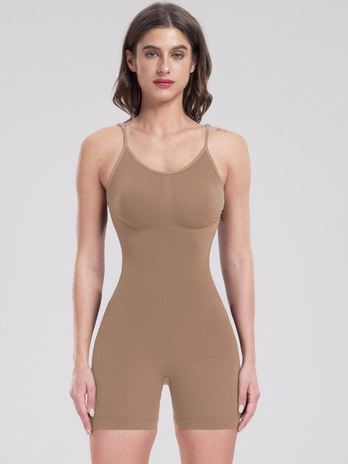 Scoop Neck Spaghetti Strap Active Romper Camel / S