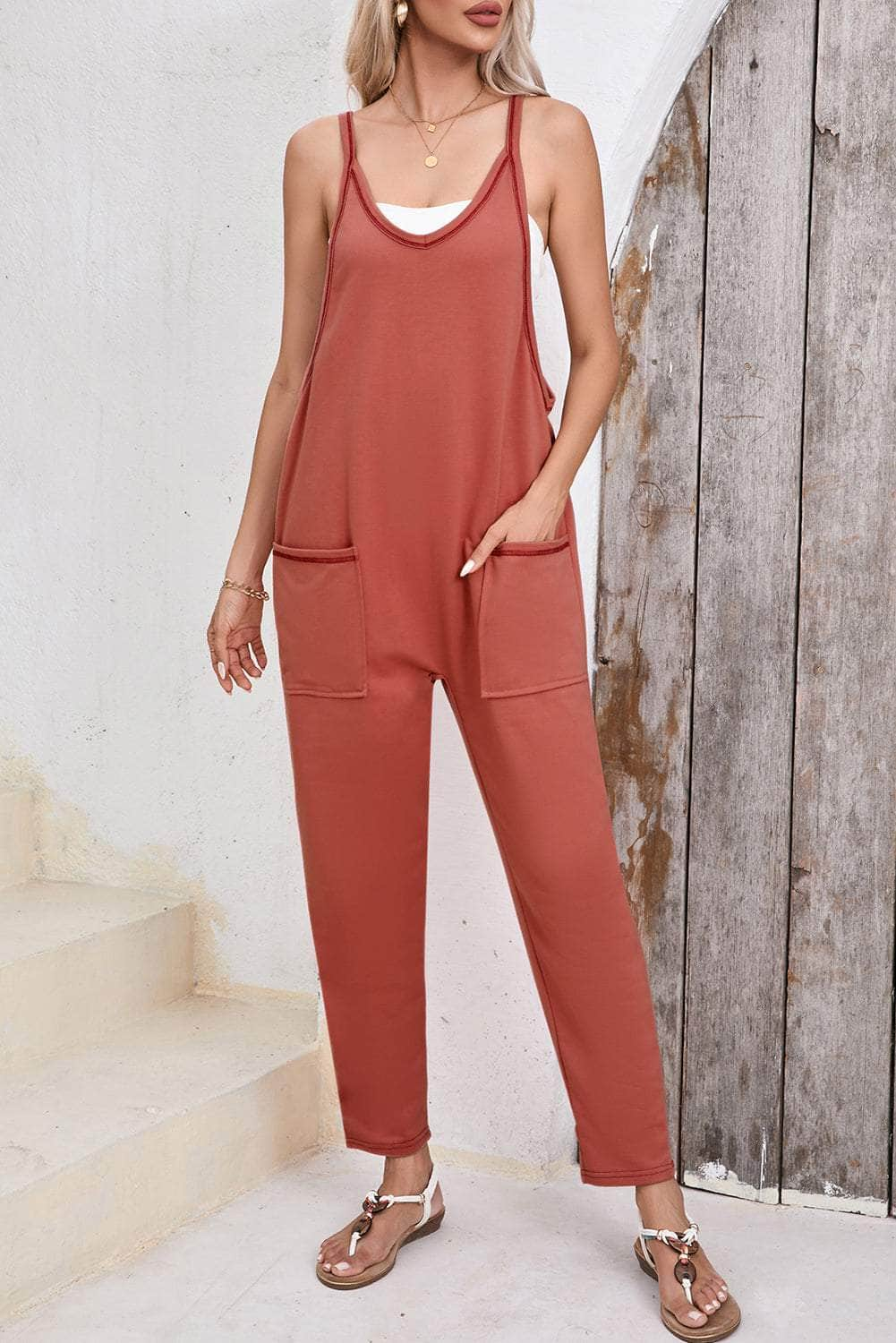 Scoop Neck Spaghetti Strap Jumpsuit Orange-Red / S