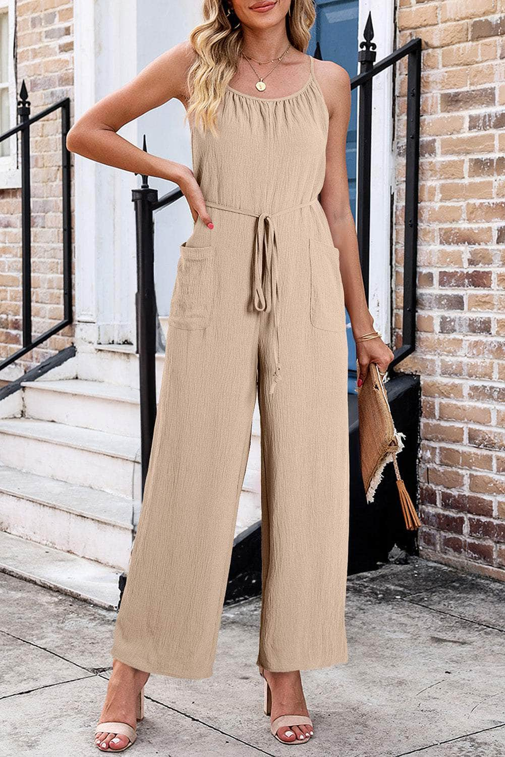 Scoop Neck Spaghetti Strap Jumpsuit Tan / S