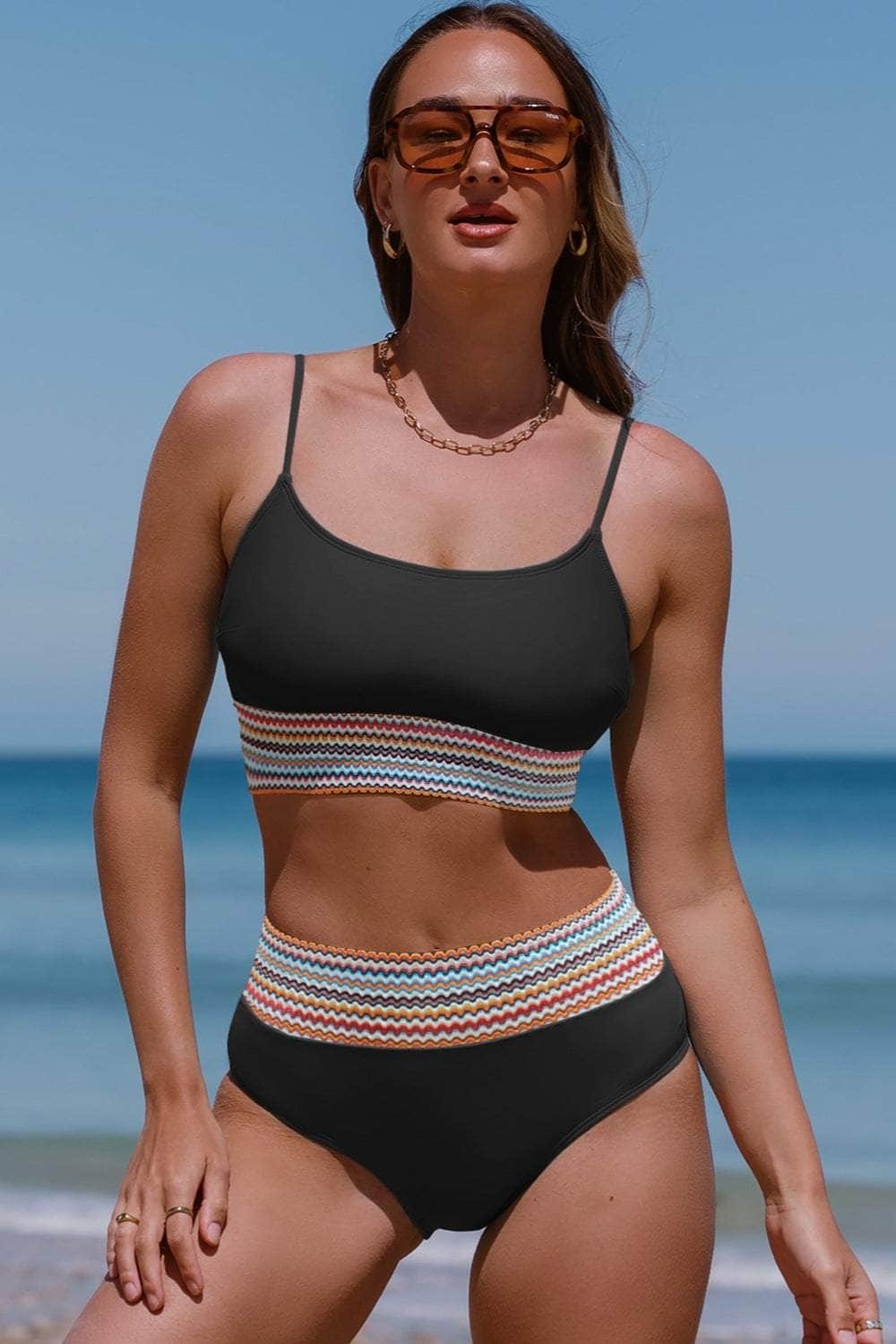 Scoop Neck Spaghetti Strap Two-Piece Swim Set Black / S