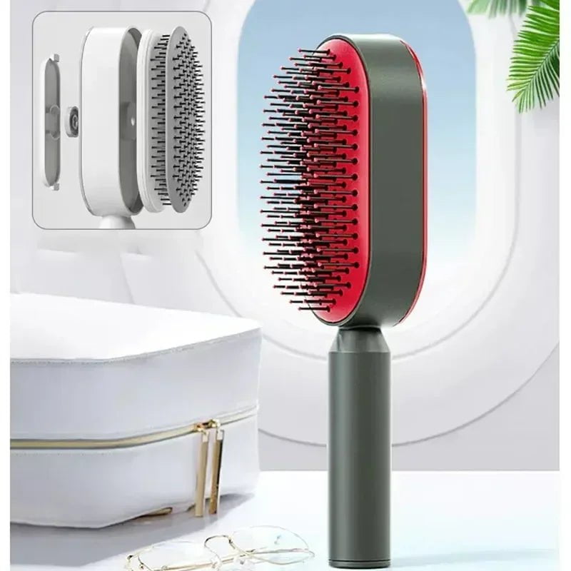 Self-Cleaning Hair Brush: 3D Air Cushion Massage Comb, Airbag Massage, One-Key Detangling, Styling Tools Press cleaning-Red / CHINA