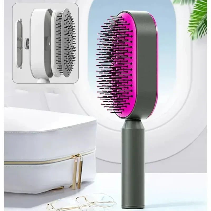 Self-Cleaning Hair Brush: 3D Air Cushion Massage Comb, Airbag Massage, One-Key Detangling, Styling Tools Press cleaning-Rose / UNITED KINGDOM