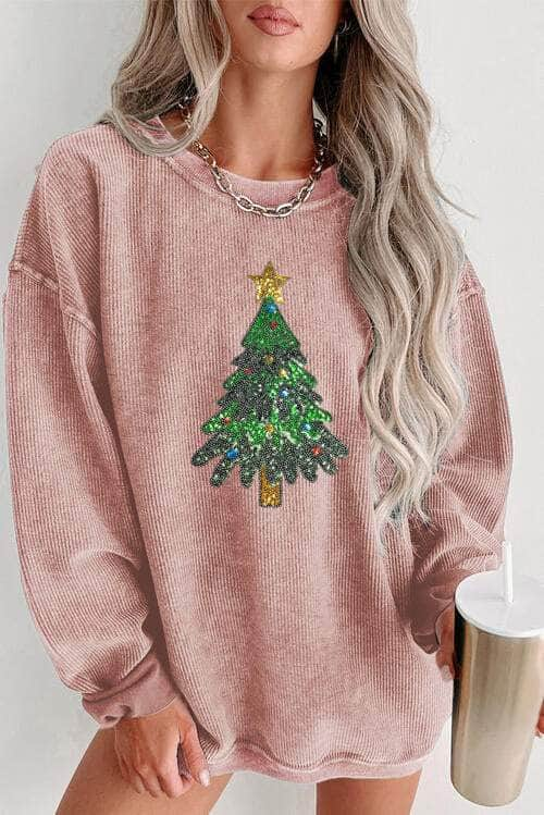 Sequin Christmas Tree Ribbed Drop Shoulder Sweatshirt Dusty Pink / S