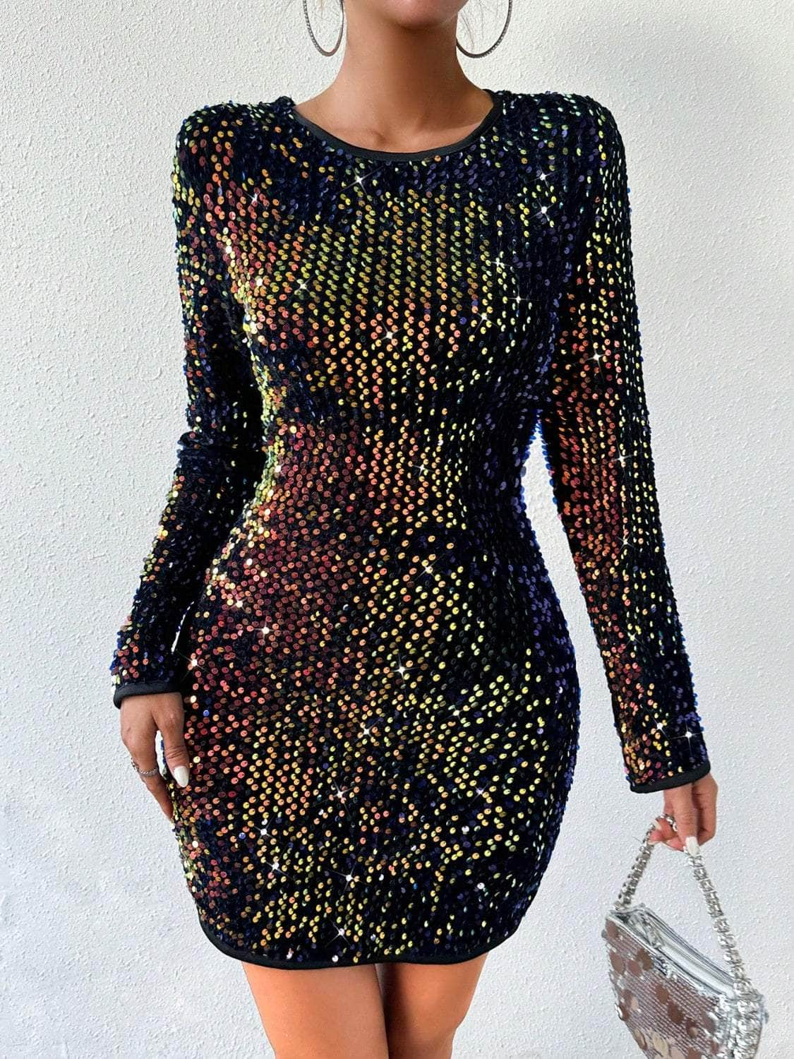 Sequin Round Neck Long Sleeve Mini Dress Multicolor / S