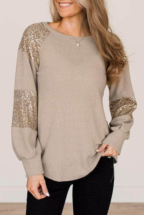 Sequin Round Neck Long Sleeve T-Shirt Dust Storm / S