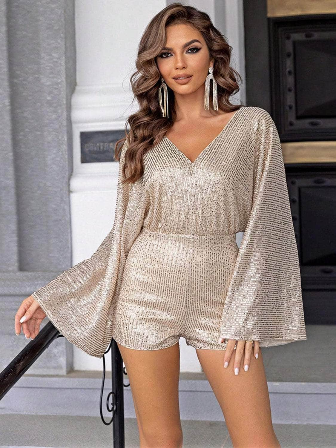 Sequin V-Neck Long Sleeve Romper Tan / XS