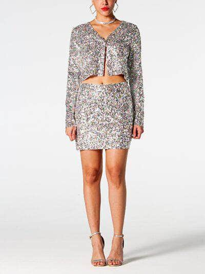 Sequin V-Neck Top and Mini Skirt Set Silver / S