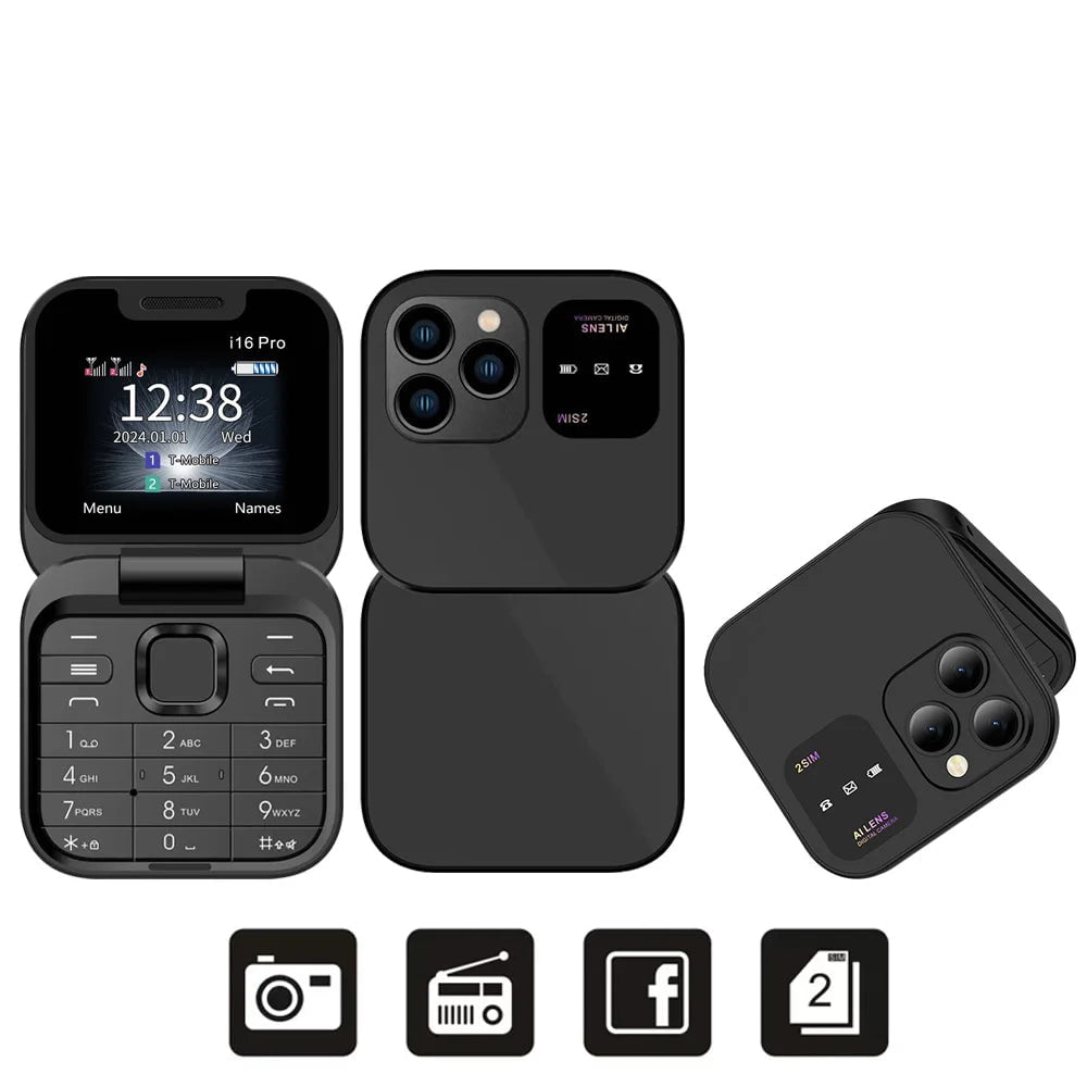 SERVO 2024 New Mini Flip Mobile Phone - FM Radio, Magic Voice, Blacklist, Speed Dial, Vibration, 2SIM Card, Small Display, Foldable Phone Black