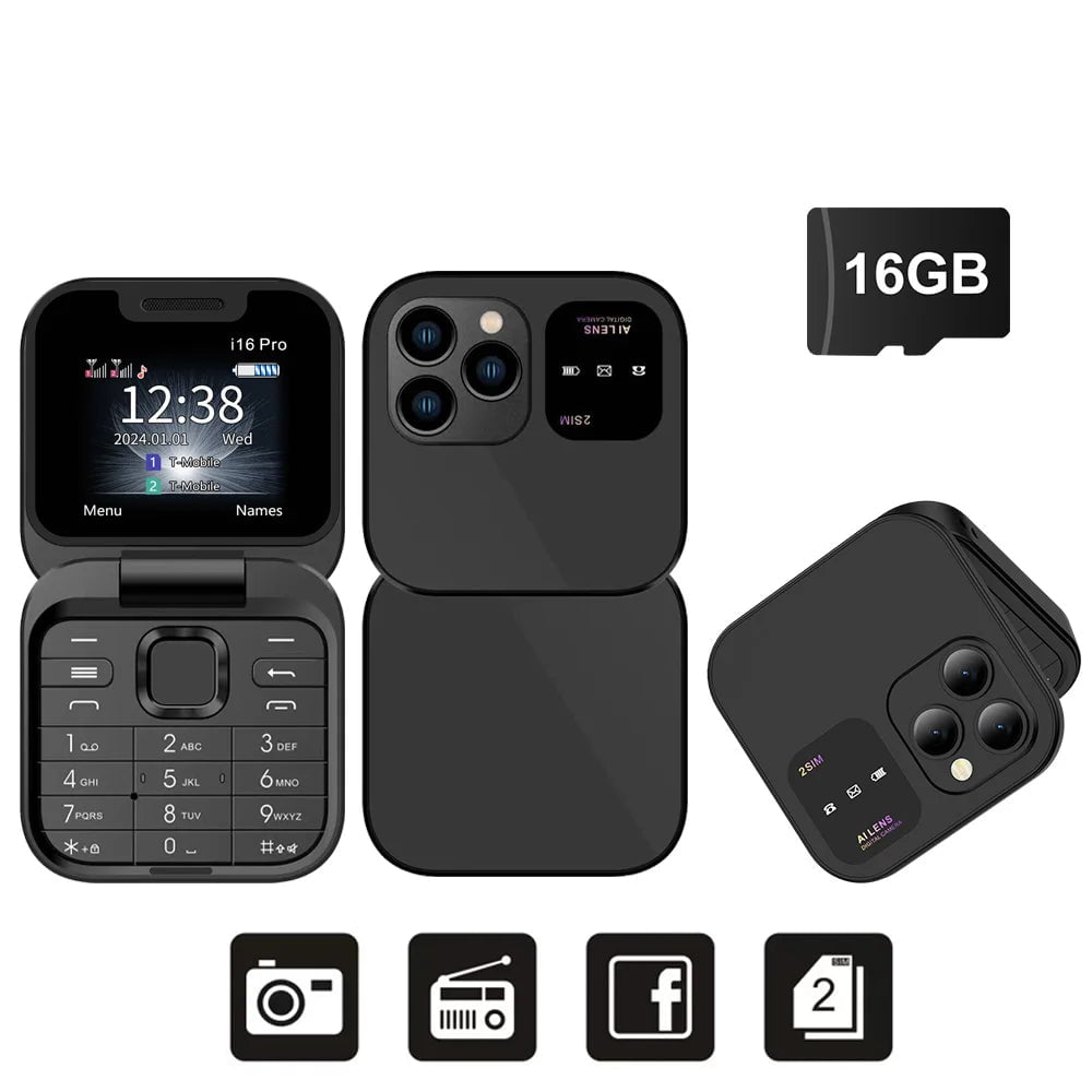 SERVO 2024 New Mini Flip Mobile Phone - FM Radio, Magic Voice, Blacklist, Speed Dial, Vibration, 2SIM Card, Small Display, Foldable Phone Black N 16GB TF card