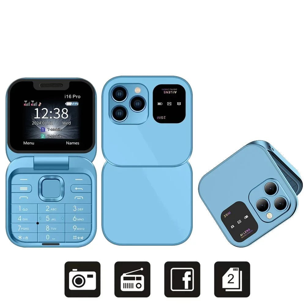 SERVO 2024 New Mini Flip Mobile Phone - FM Radio, Magic Voice, Blacklist, Speed Dial, Vibration, 2SIM Card, Small Display, Foldable Phone Blue