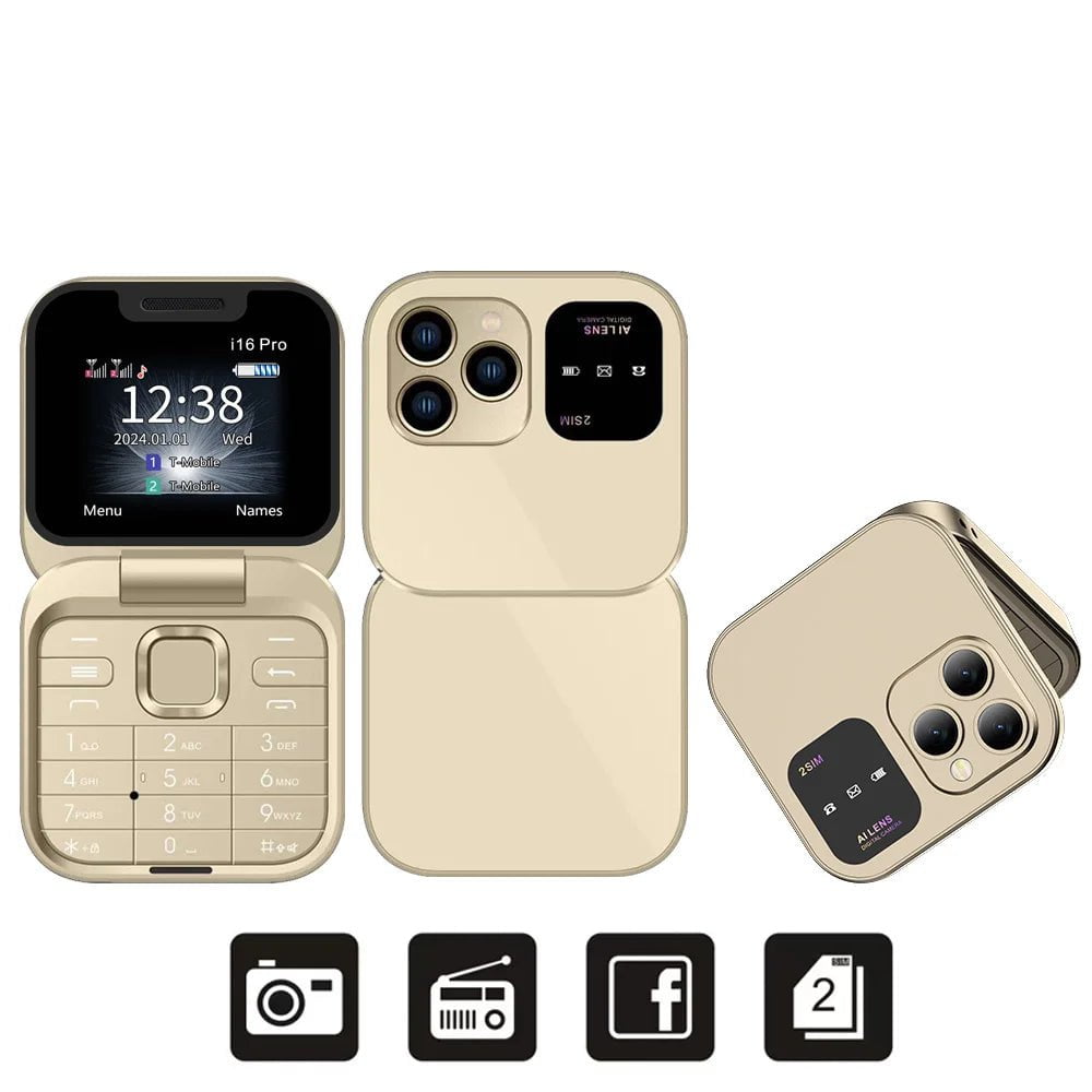 SERVO 2024 New Mini Flip Mobile Phone - FM Radio, Magic Voice, Blacklist, Speed Dial, Vibration, 2SIM Card, Small Display, Foldable Phone Gold