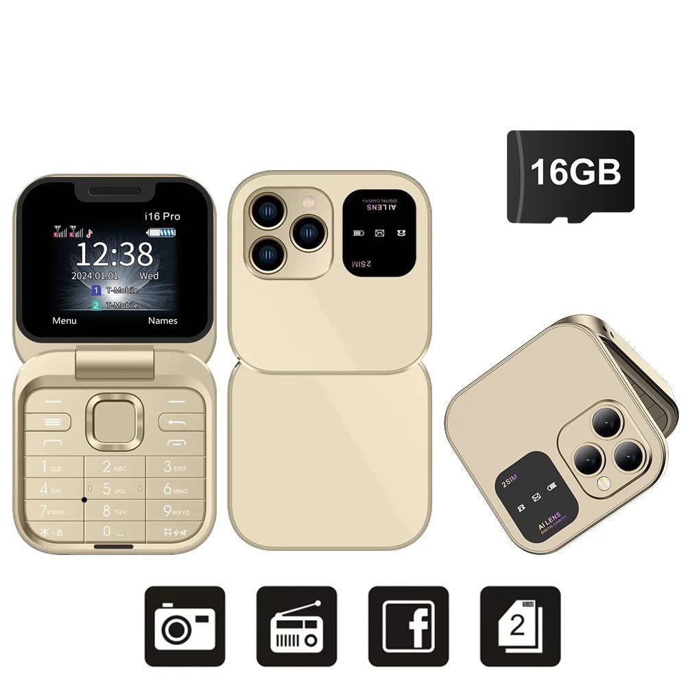 SERVO 2024 New Mini Flip Mobile Phone - FM Radio, Magic Voice, Blacklist, Speed Dial, Vibration, 2SIM Card, Small Display, Foldable Phone Gold N 16GB TF card