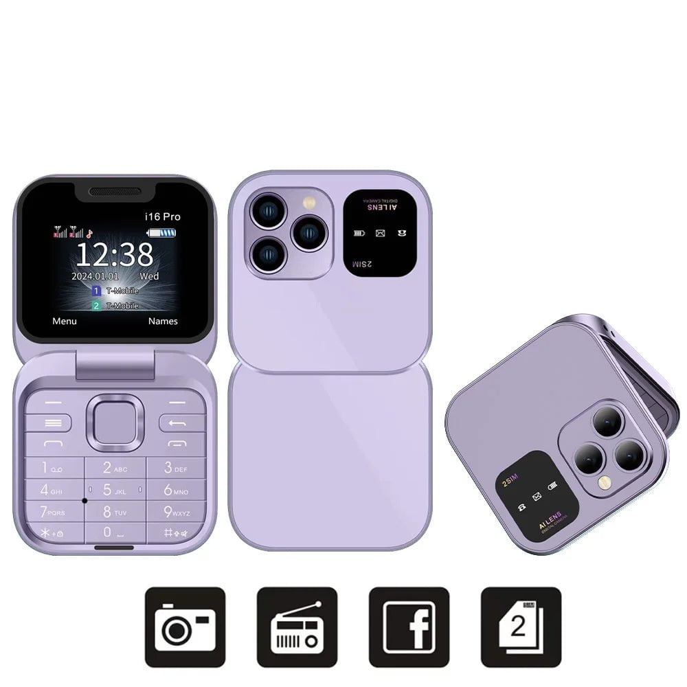 SERVO 2024 New Mini Flip Mobile Phone - FM Radio, Magic Voice, Blacklist, Speed Dial, Vibration, 2SIM Card, Small Display, Foldable Phone Purple
