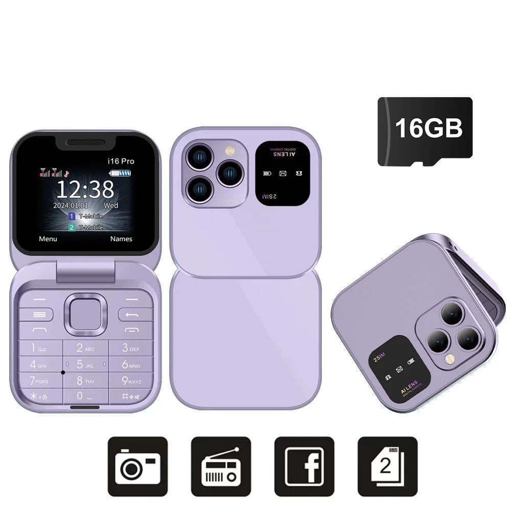 SERVO 2024 New Mini Flip Mobile Phone - FM Radio, Magic Voice, Blacklist, Speed Dial, Vibration, 2SIM Card, Small Display, Foldable Phone Purple N 16GBTF card