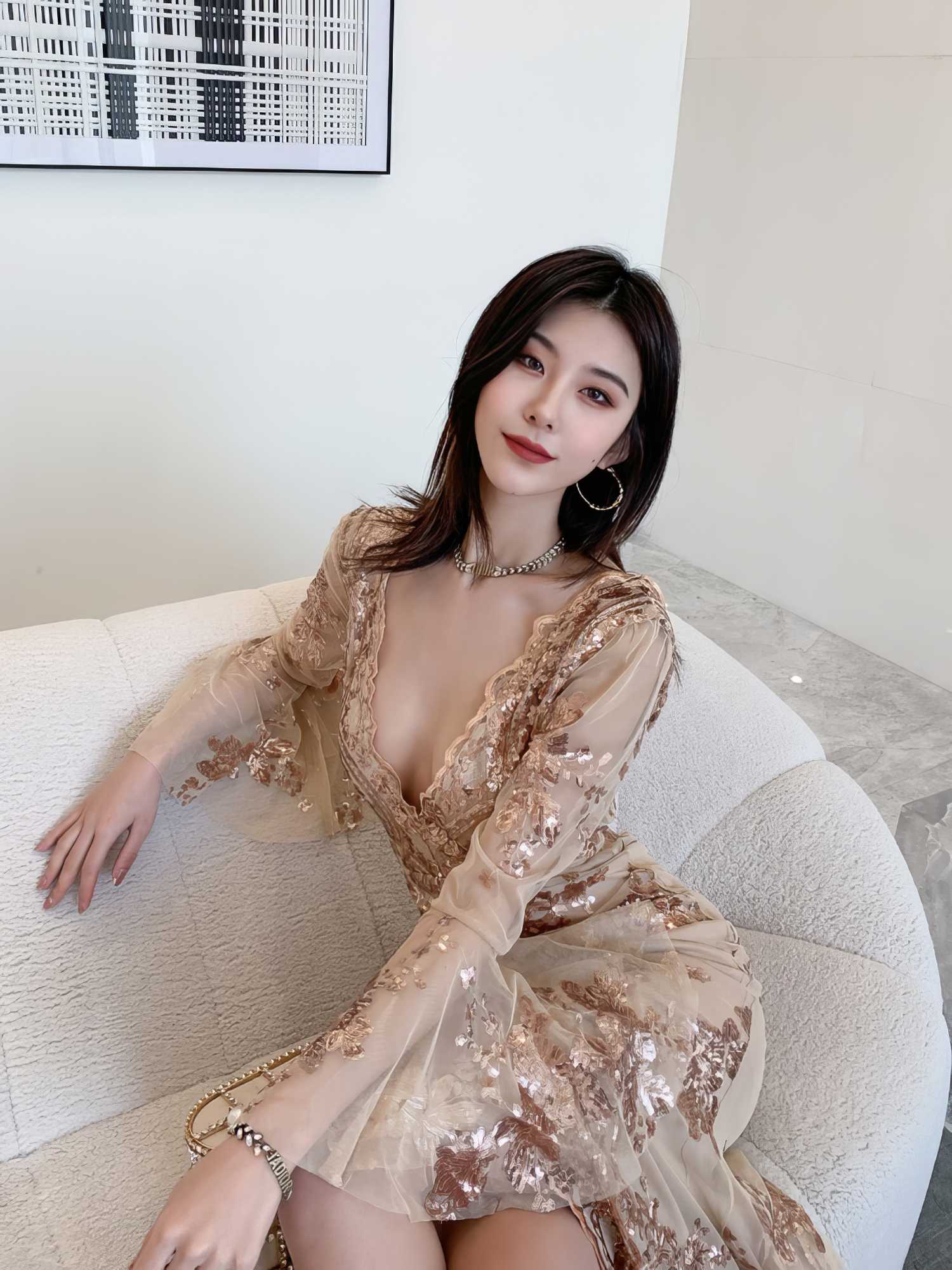 Sheer Sleeve Embroidered Sequin Open Slit Dress