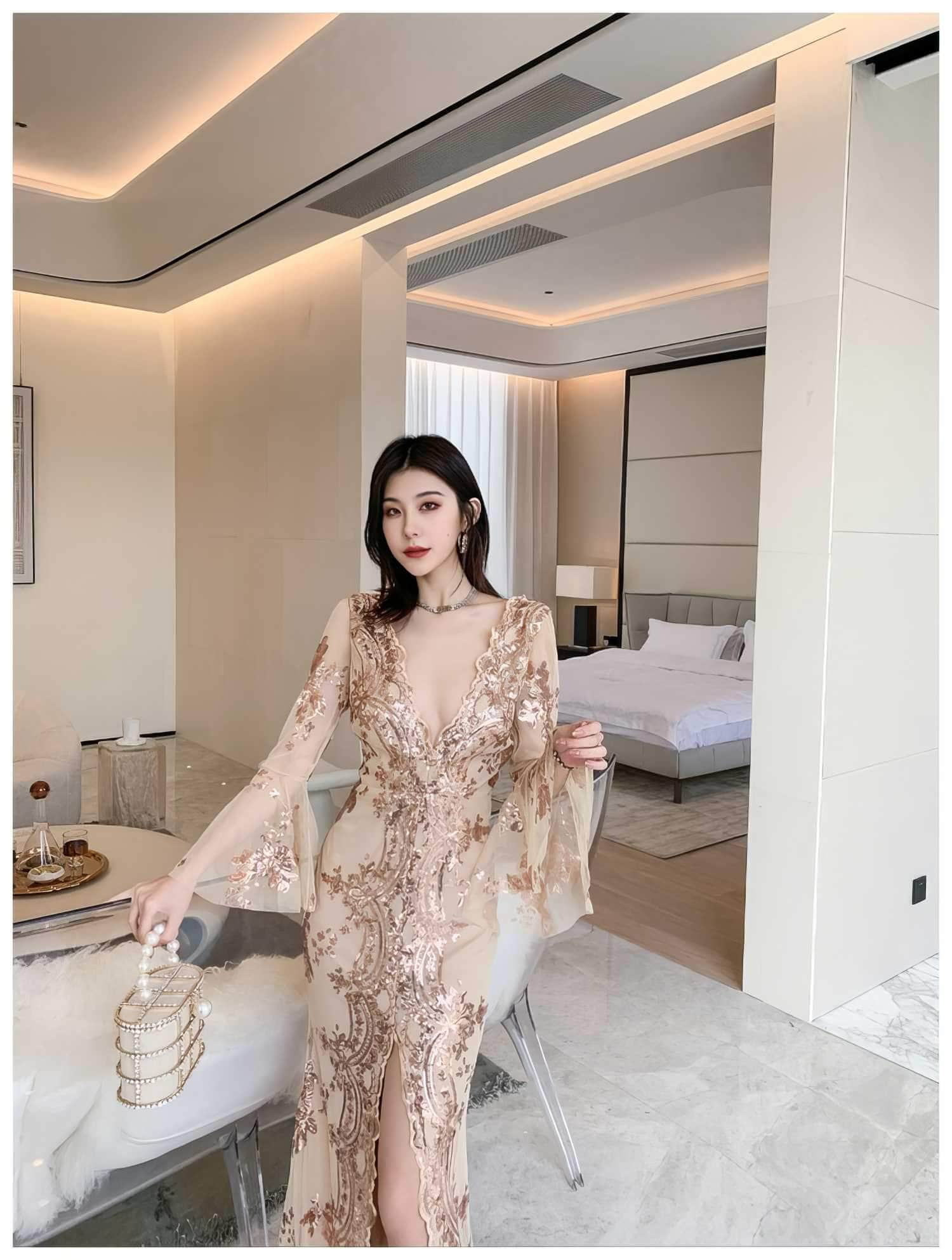 Sheer Sleeve Embroidered Sequin Open Slit Dress