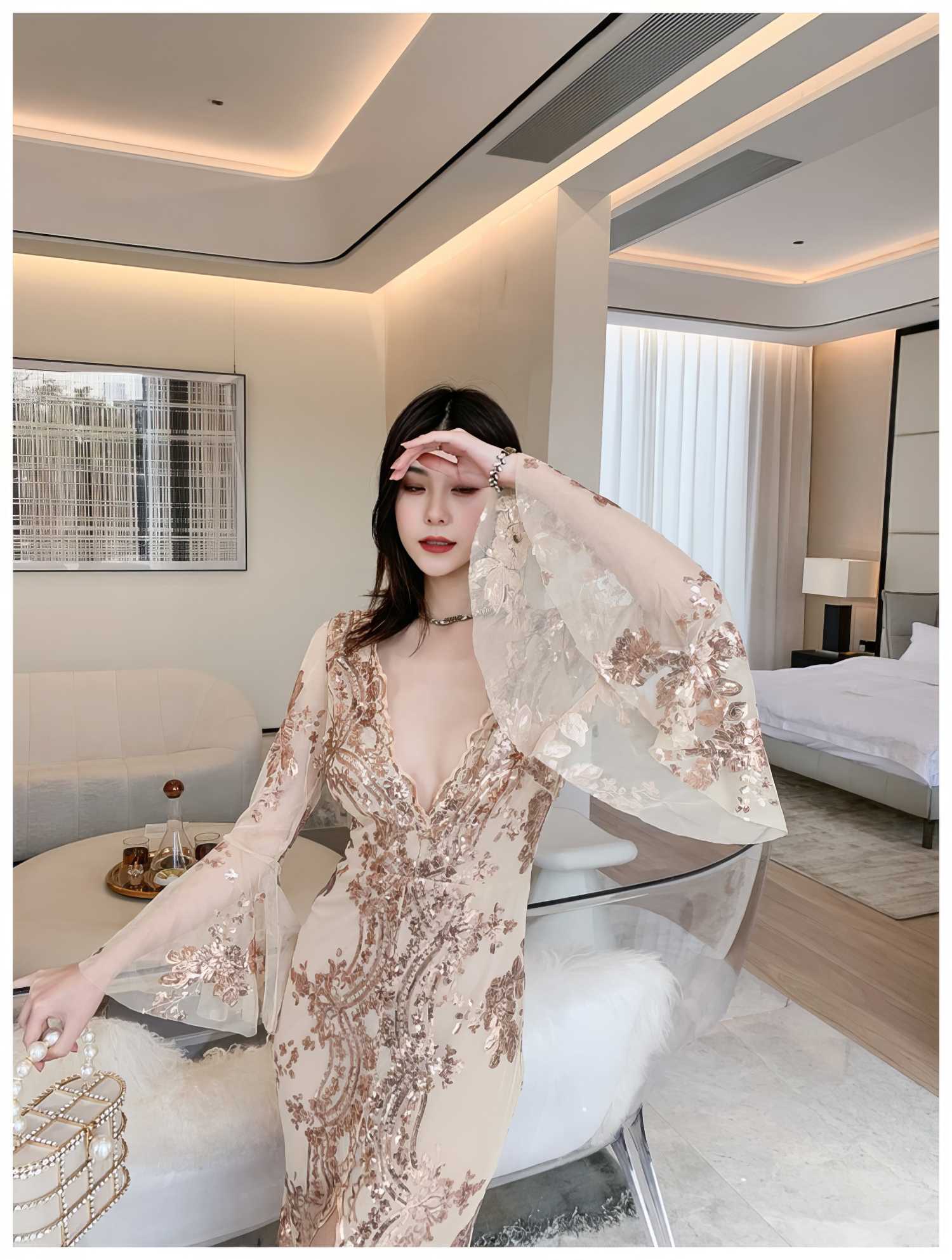 Sheer Sleeve Embroidered Sequin Open Slit Dress