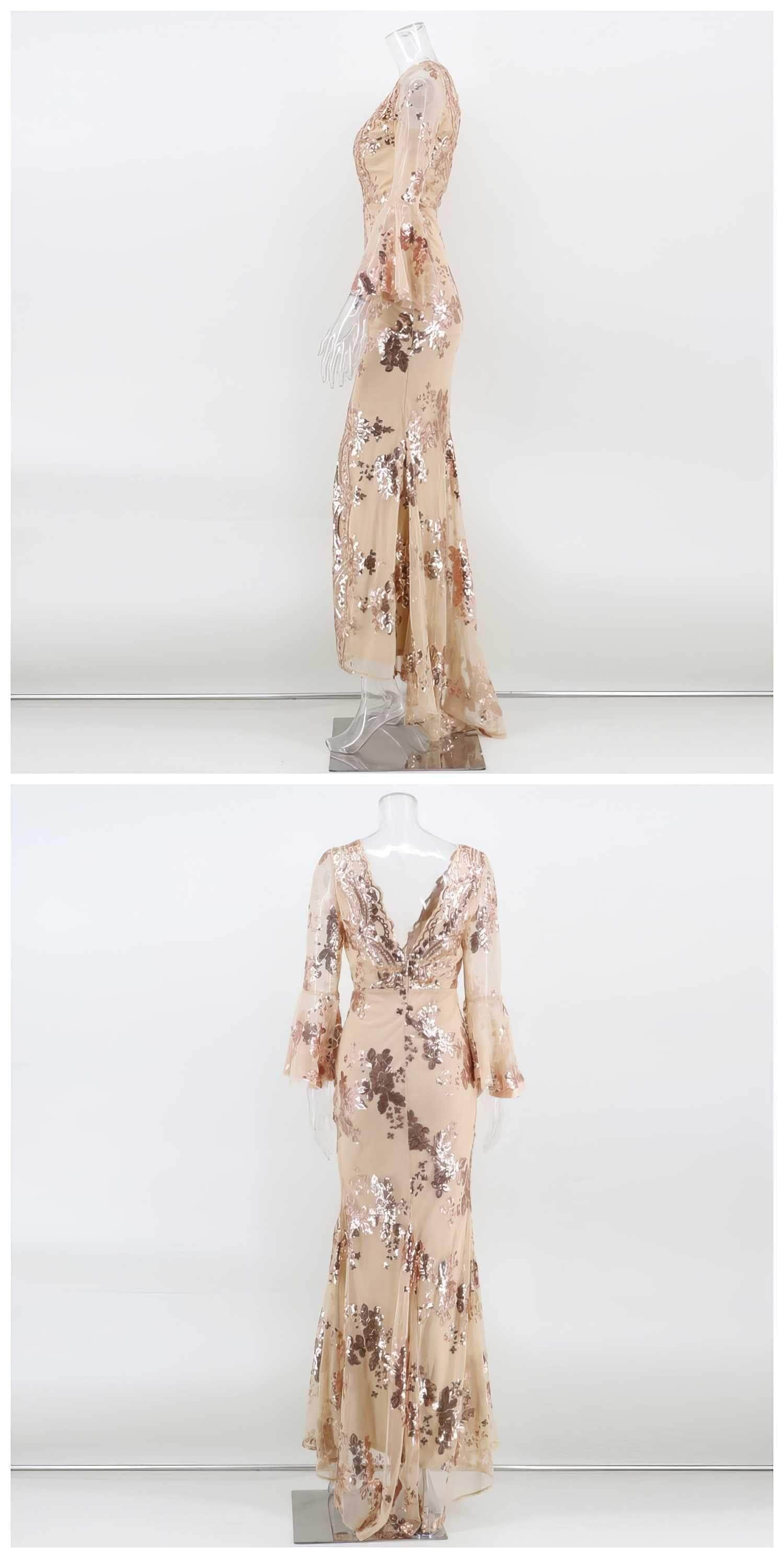 Sheer Sleeve Embroidered Sequin Open Slit Dress