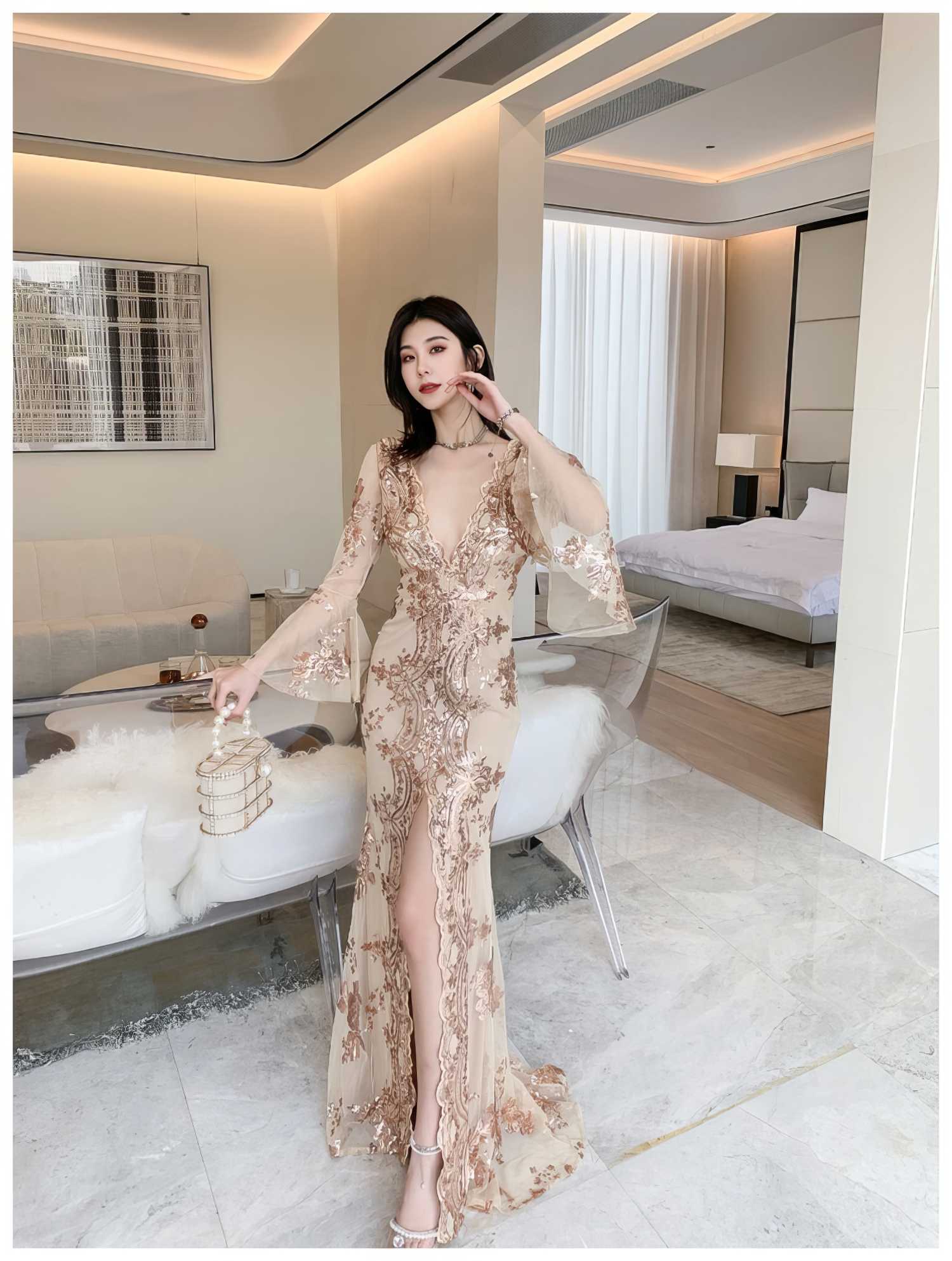 Sheer Sleeve Embroidered Sequin Open Slit Dress