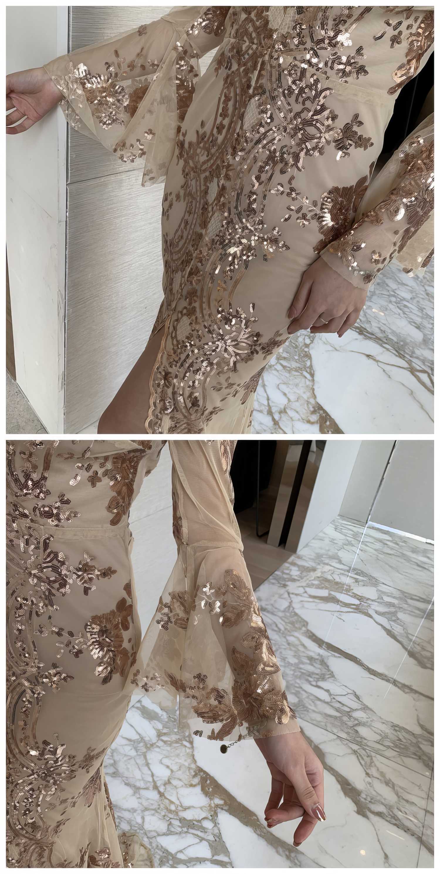 Sheer Sleeve Embroidered Sequin Open Slit Dress