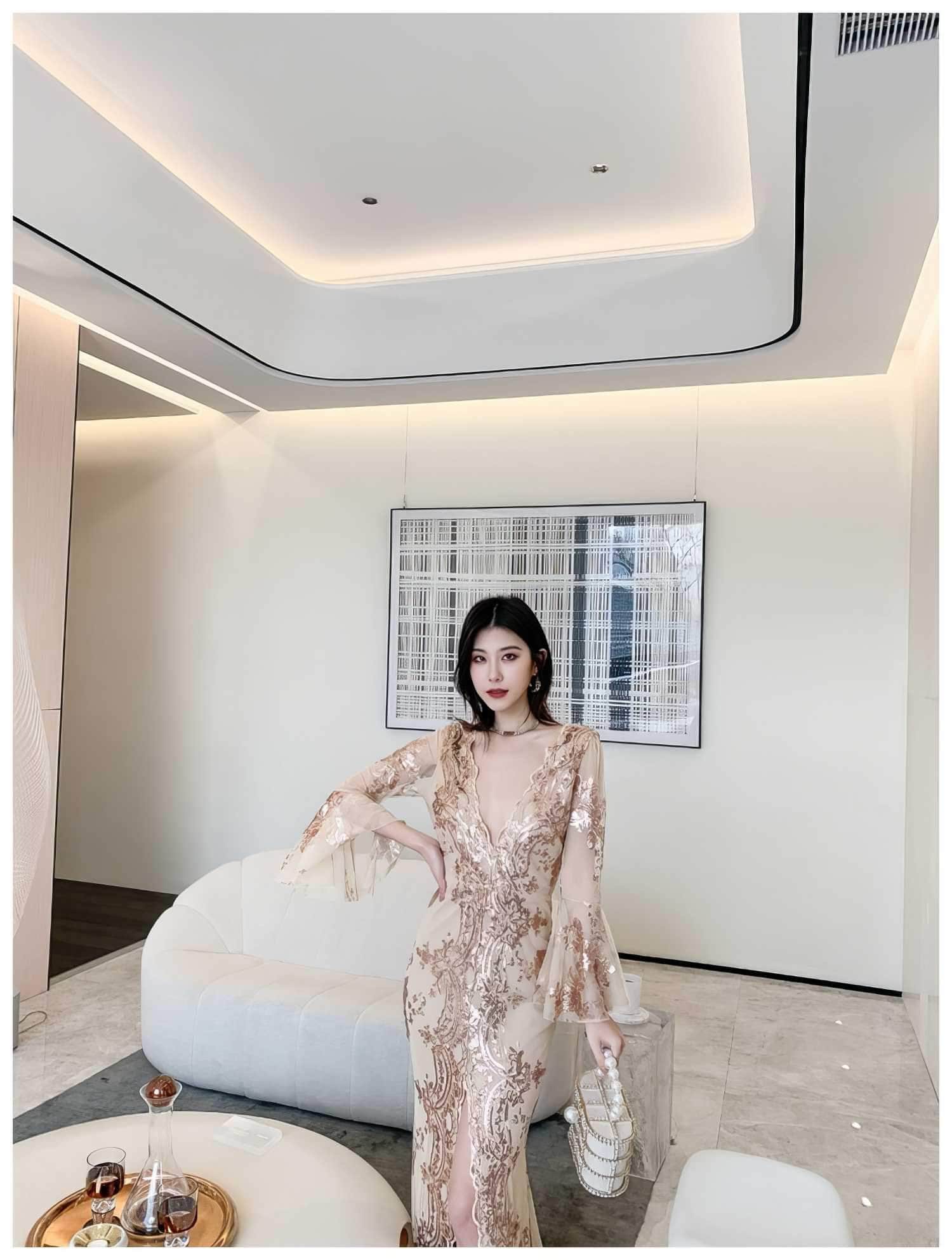 Sheer Sleeve Embroidered Sequin Open Slit Dress