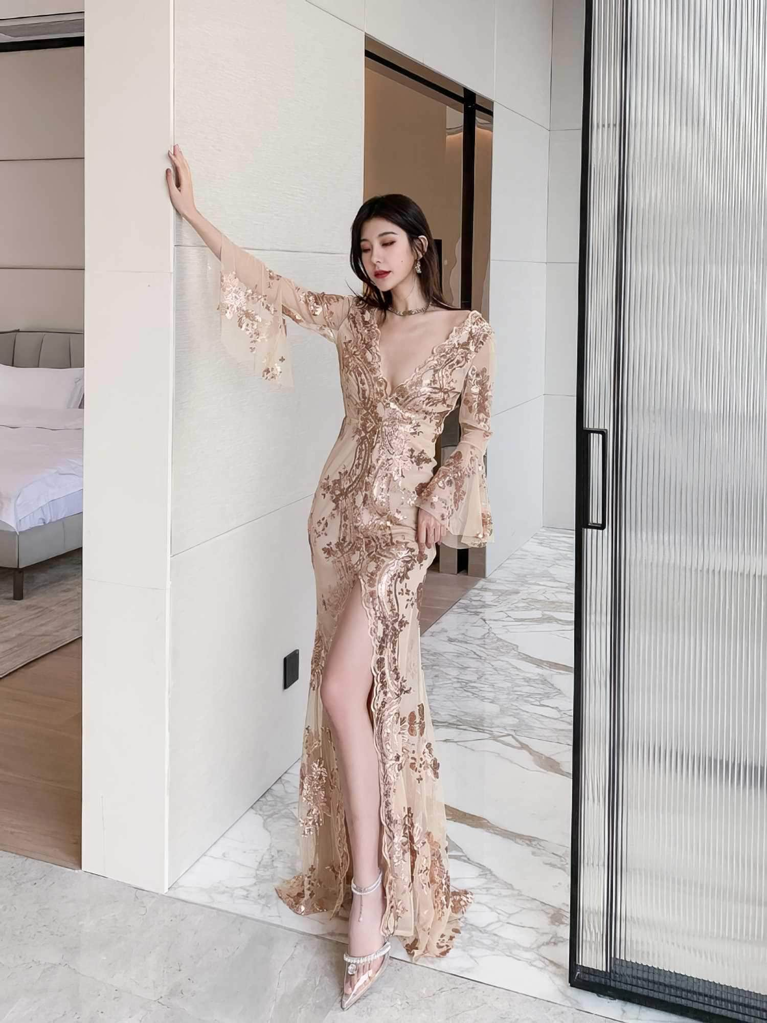 Sheer Sleeve Embroidered Sequin Open Slit Dress