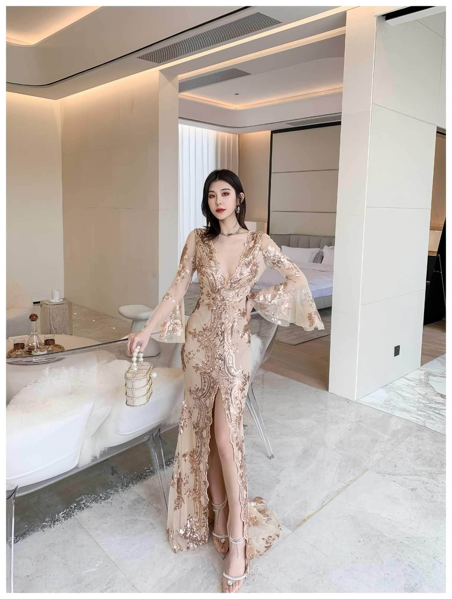 Sheer Sleeve Embroidered Sequin Open Slit Dress