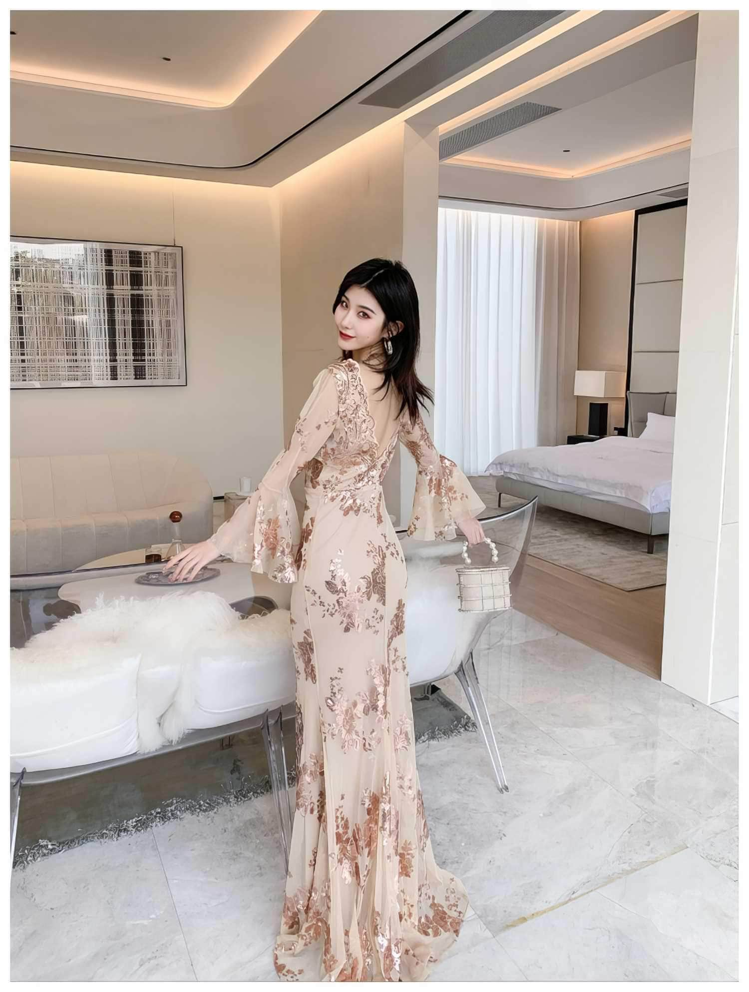 Sheer Sleeve Embroidered Sequin Open Slit Dress