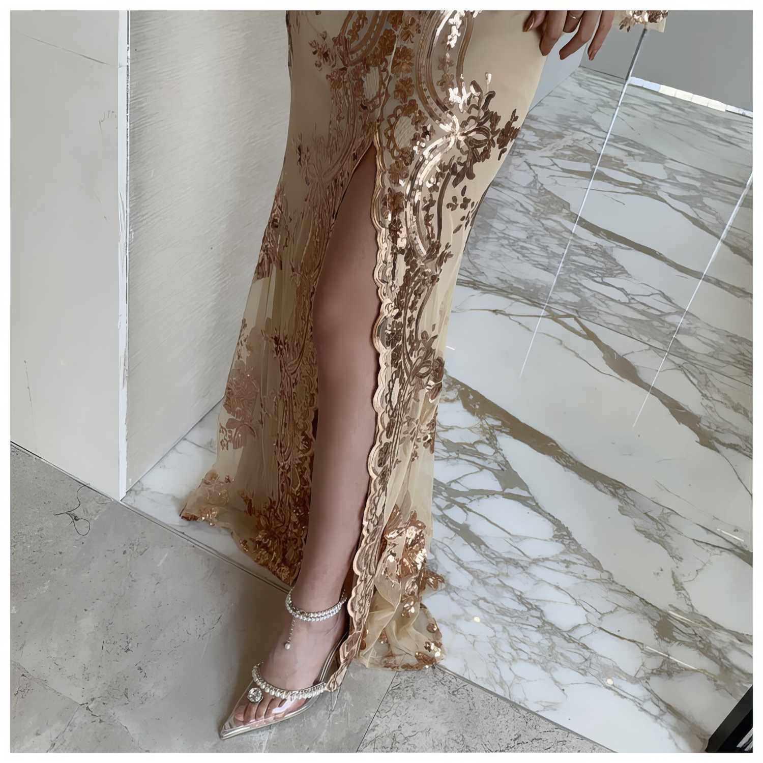 Sheer Sleeve Embroidered Sequin Open Slit Dress