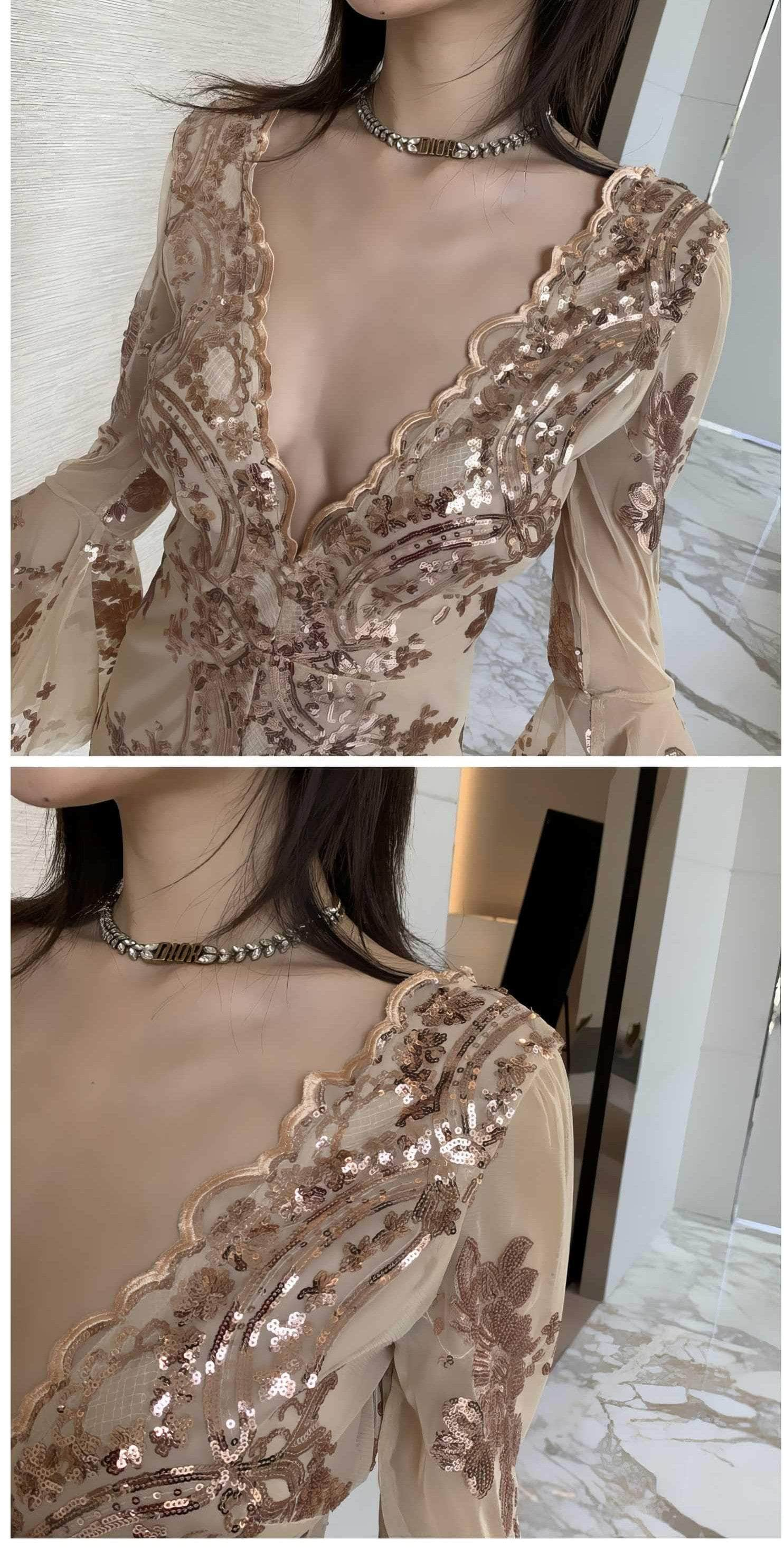 Sheer Sleeve Embroidered Sequin Open Slit Dress